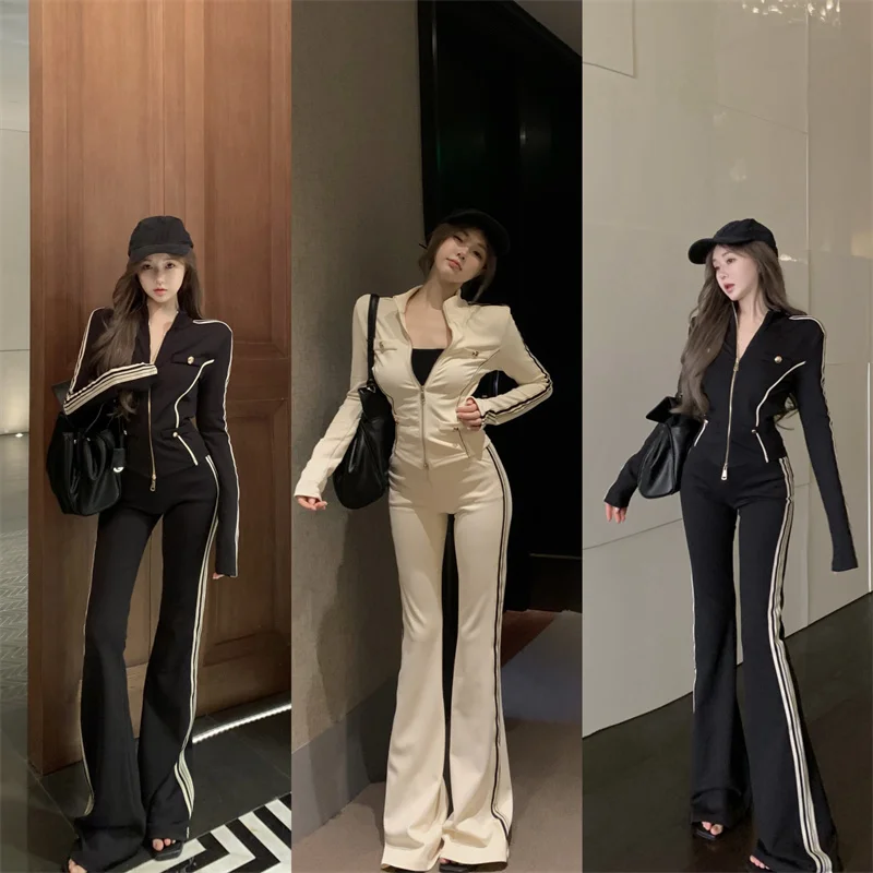 

Faion Casual Spor Slim Fit Collared Double Zipper Design Thi Wide Leg Pants Set Thiened Winter Outerwear Ensemble