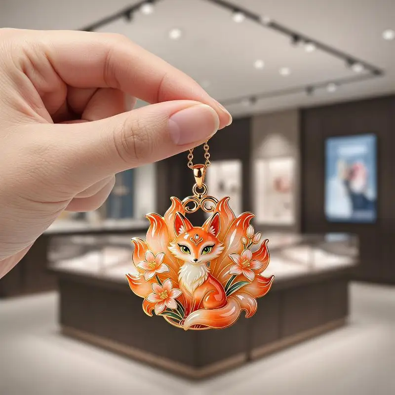 Chinese Mythology Nine-tailed Fox Enamel Pendant Necklace Unique Retro Style Elegant Jewelry for Women Daily Wear Dating