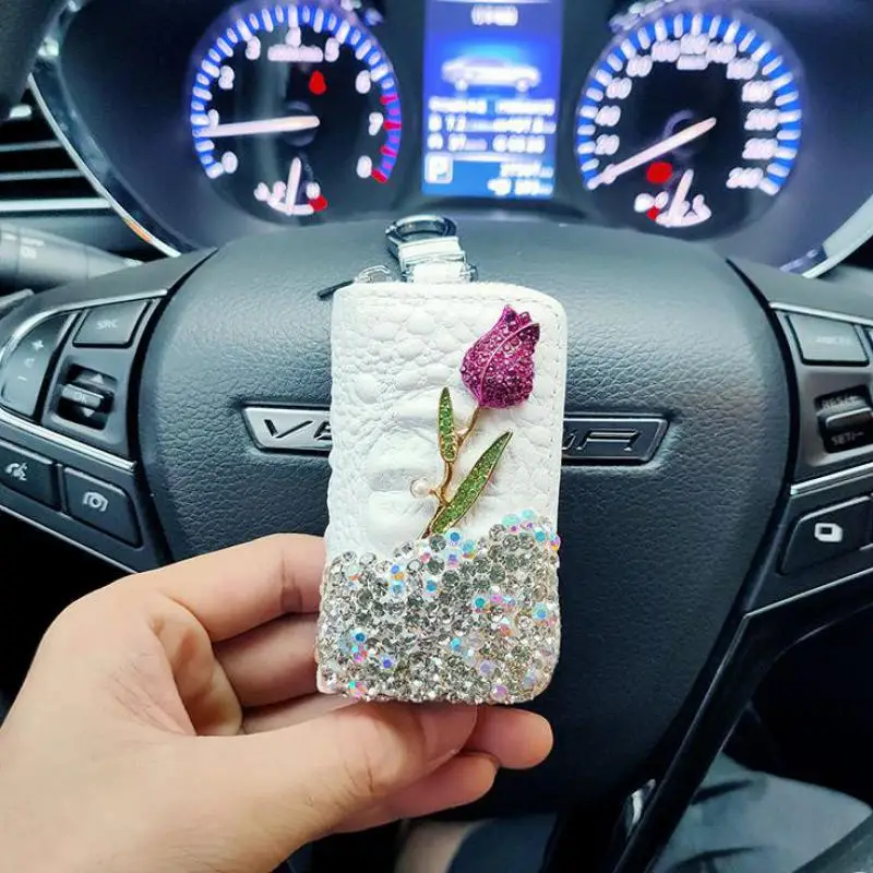 Luxury Flower Car Key Holder Storage Case Crystal Diamond Keychains Pochette Key Cover Remote Key Bag Wallet Funda Para Llave
