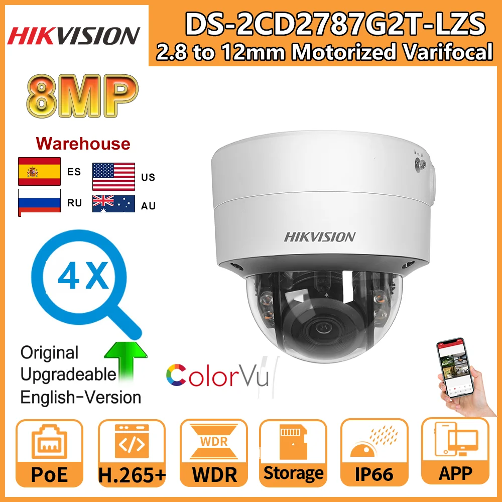 

IP-камера Hikvision, 8 Мп, DS-2CD2787G2T-LZS 4K AcuSense ColorVu, 4-кратный зум, 2,8-12 мм, моторизованная варифокальная камера видеонаблюдения IPC