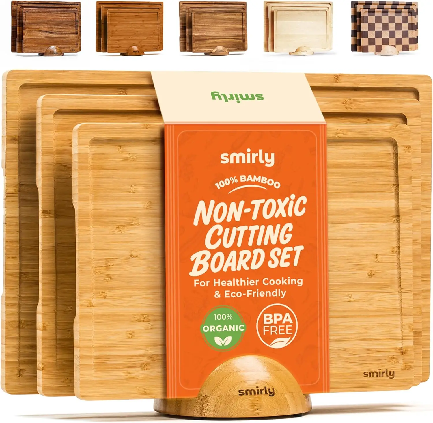

Bamboo Cutting Board Set with Holder for Kitchen Meal Prep, Serving & Charcuterie - Wooden Chopping Boards