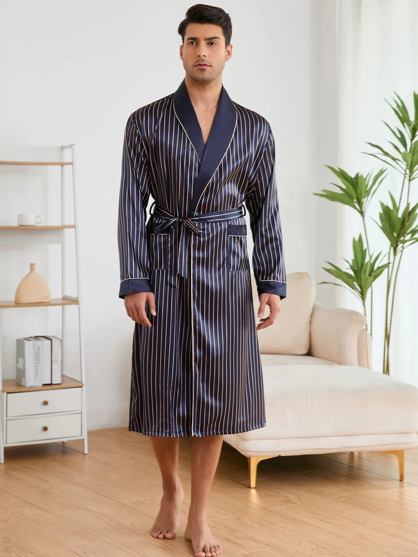 Mens Comfortable Striped Robe with Pockets, Home Pajamas Wear Tie Pull Robe Homewear