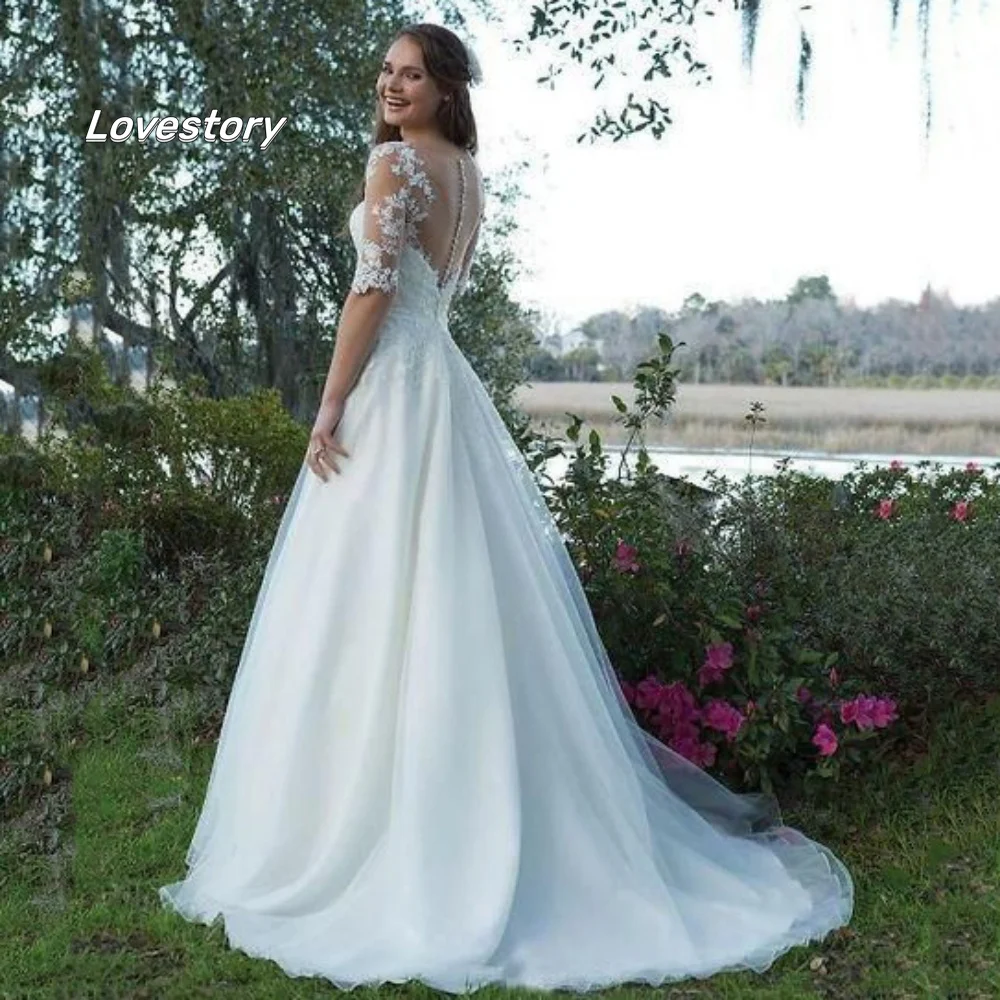 Elegant A Line ชุดแต่งงาน Sweetheart Applique Tulle ปุ่มชุดเจ้าสาวครึ่งแขนชุดเจ้าสาว Vestido De Novia