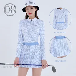 DK Autumn Women Printed Golf Shirts Long-Sleeved Slim T-shirt Female High Waist Pleated Skirt Golf Culottes OL Clothing Suit