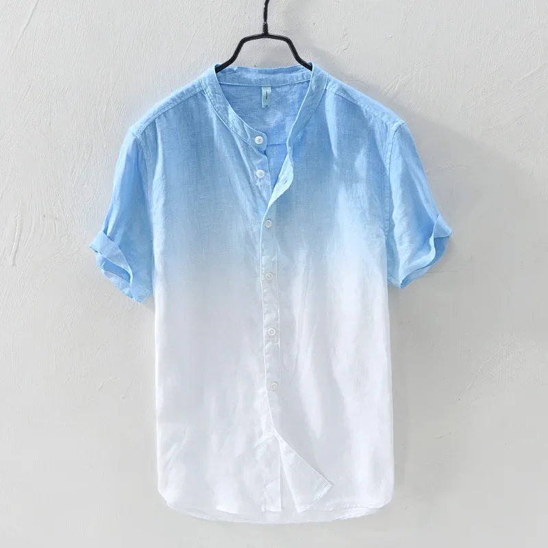 Short-sleeved shirt 100% linen cool breathable comfortable healthy material gradient blue Hawaiian beach men's cardigan shirt image 3