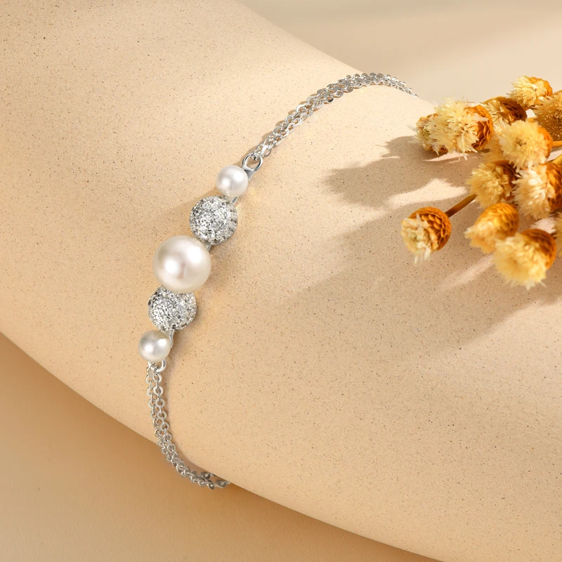 

Anziw 7mm&4mm White Freshwater Pearl Charm Bracelet For Women 925 Sterling Silver Jewelry Engagement Wedding Zircon Bracelet