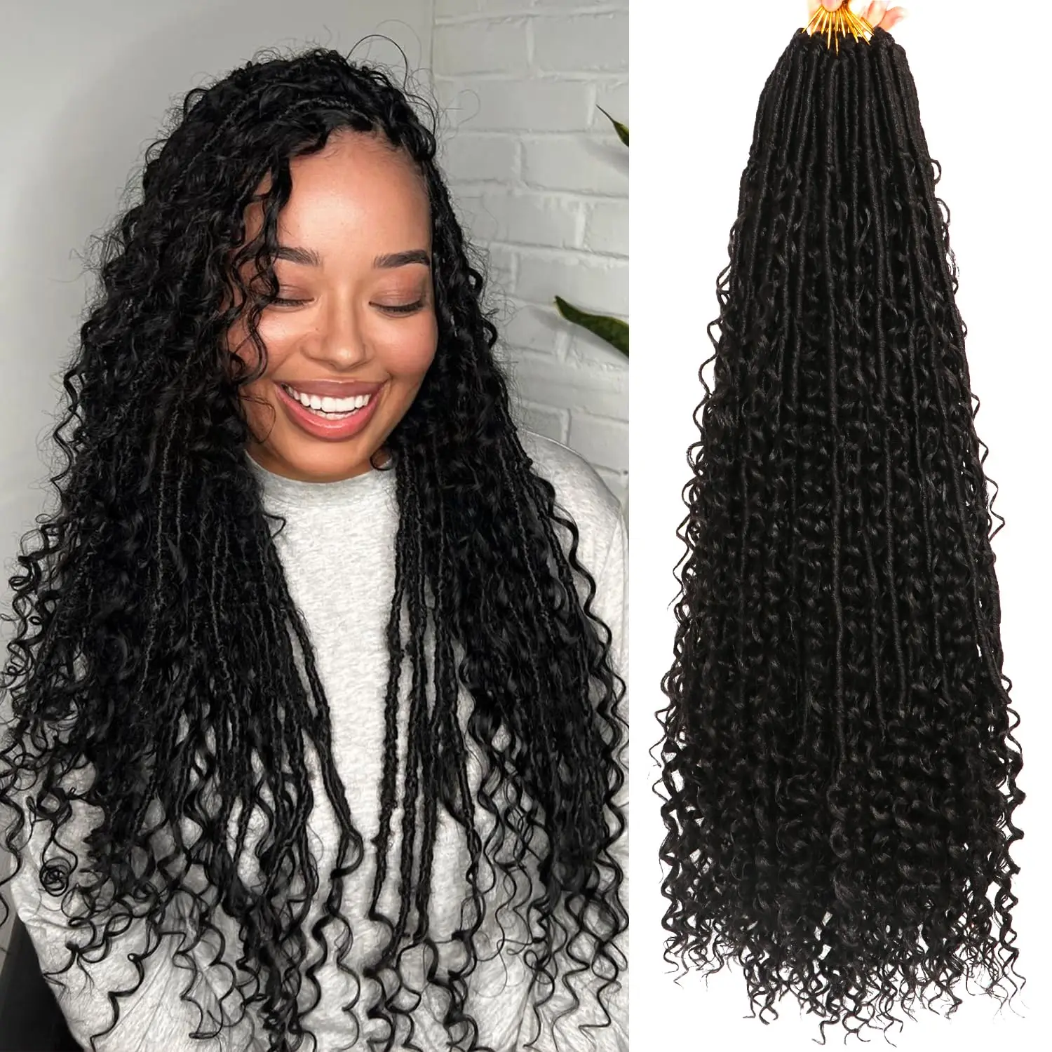 

Волосы Goddess Faux Locs Вязаные крючком для чернокожих женщин, длинные вязанные крючком волосы Goddess Locs, локоны в стиле бохо, с вьющимися концами Синтетические волосы