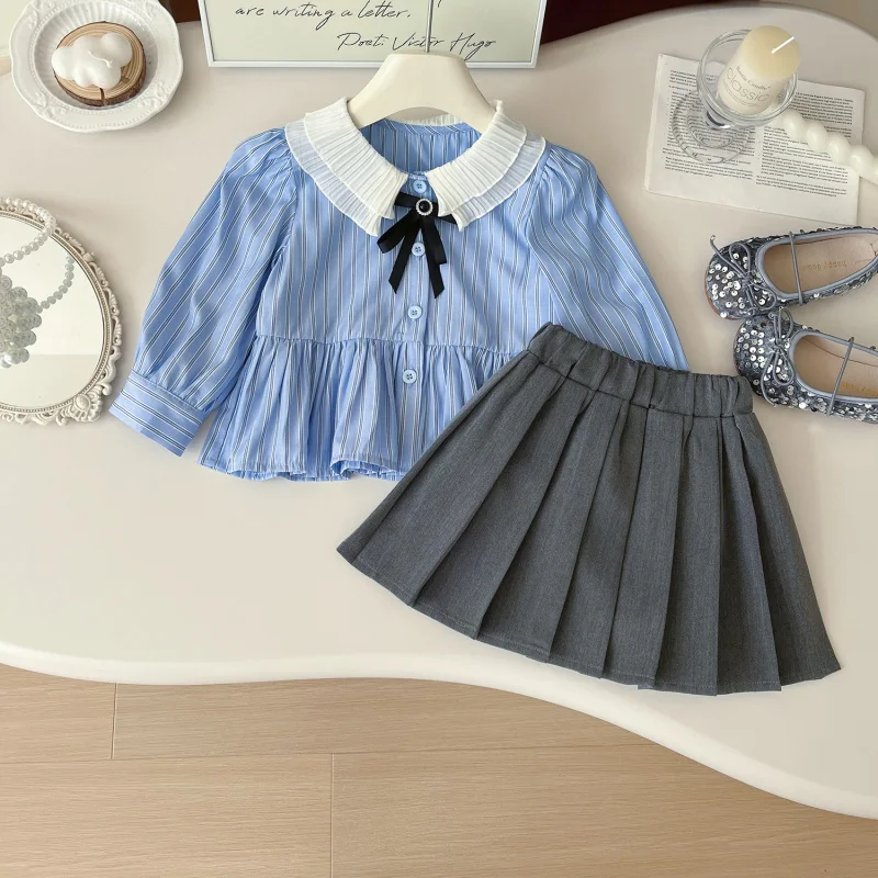 

Girls' Outfit Set Autumn New Striped Shirt Short Skirt Academy Style Bow Pleated Skirt Set