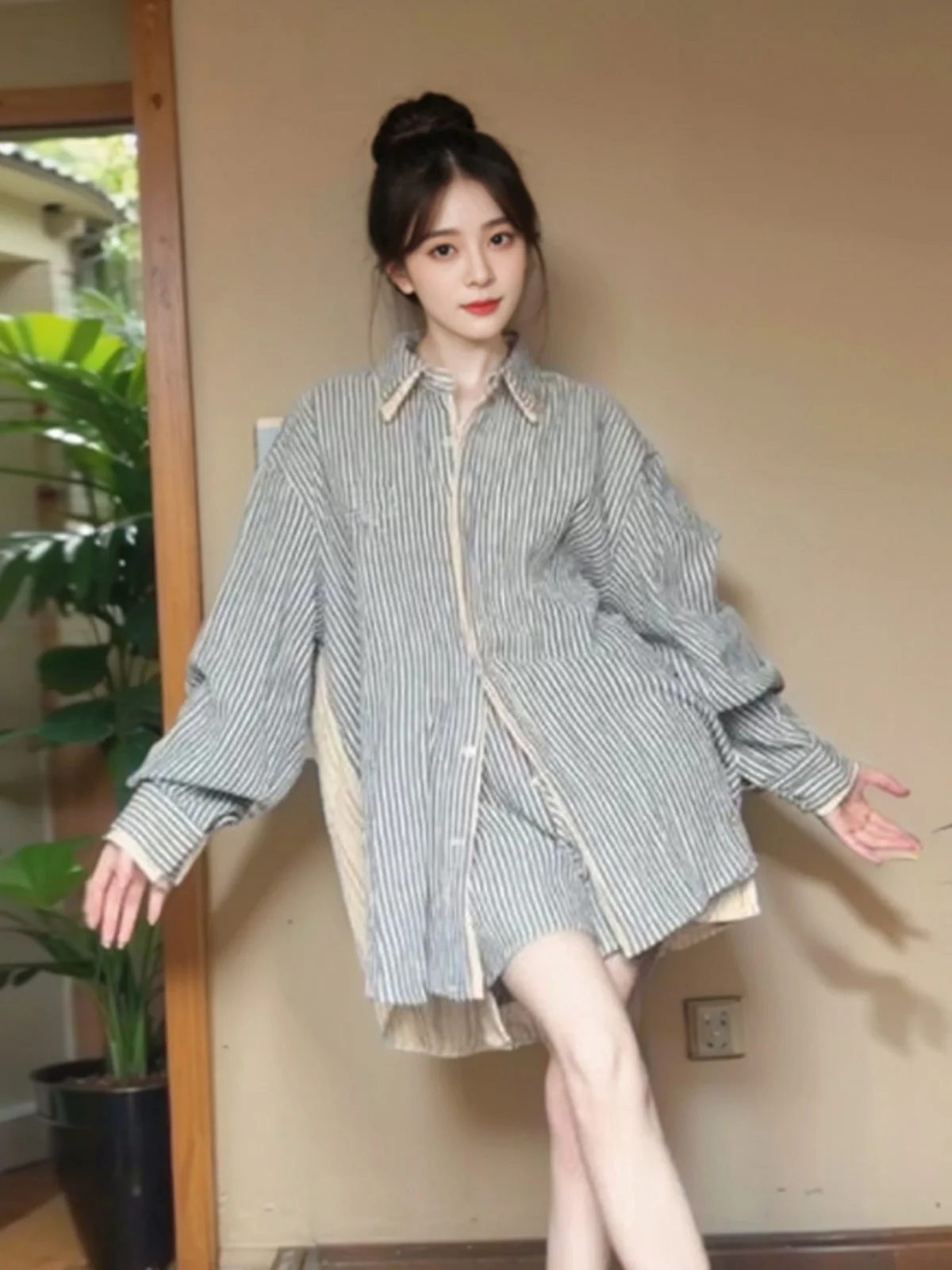 

Fashionable Casual Stripe Shirt And Short Pants Two-Piece Set Comfortable Cotton Blend Mid-Elasticity Loose Fit Autumn Wear