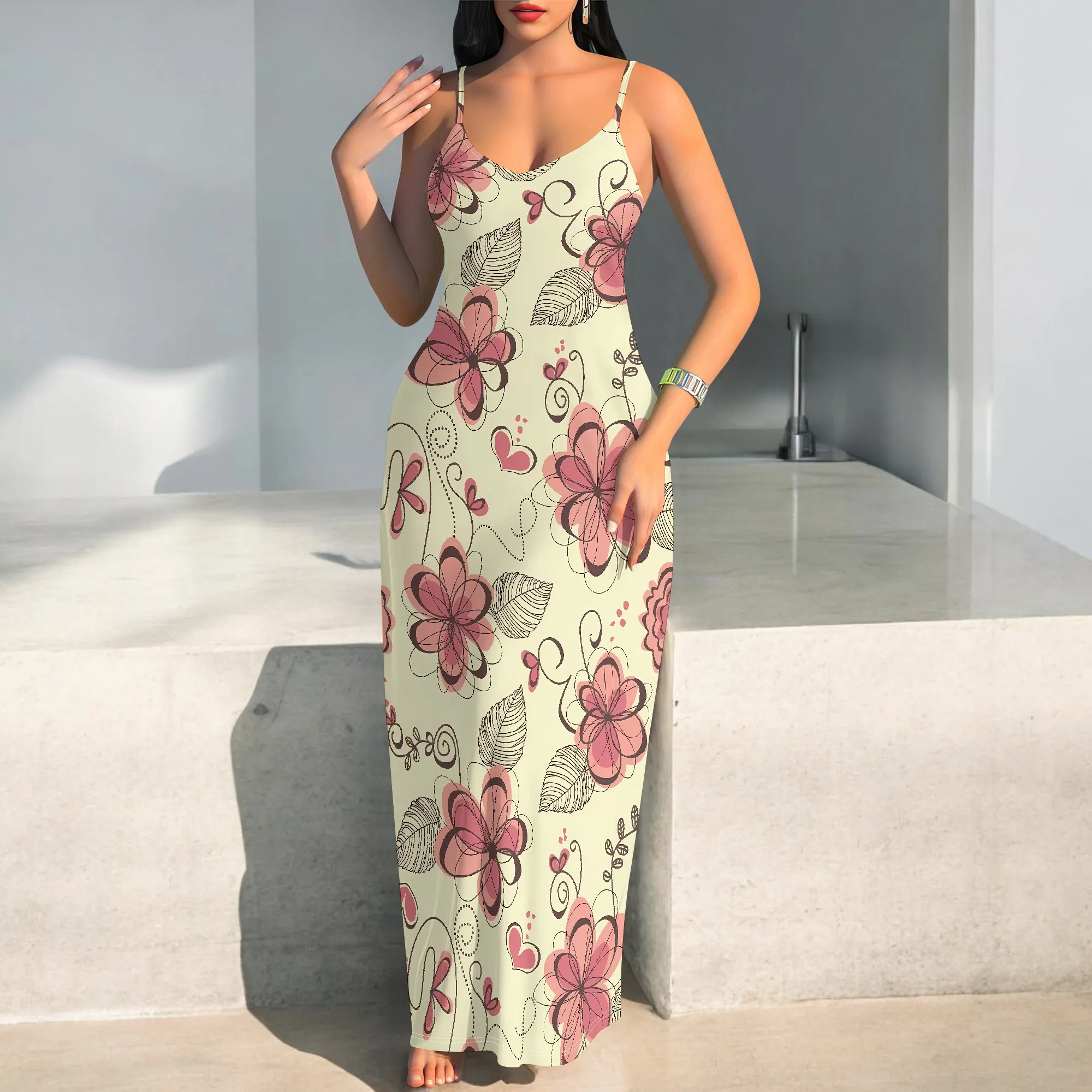 Romantisches, ärmelloses Maxikleid mit Blumen-Herz-Print, Boho-Spaghettiträger, Valentinstag-Look