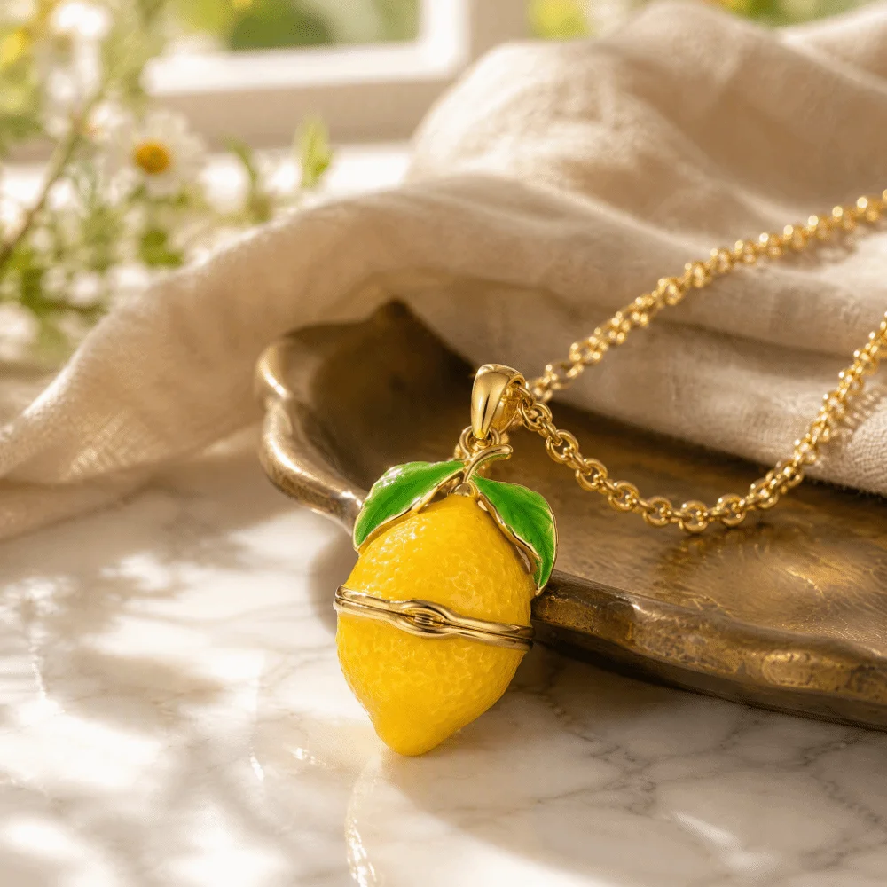 Openable Locket Pendant Necklace Lemon Blueberry Enamel Necklace Neck Jewelry Retro Opening and Closing Lid Clavicle Chain Women
