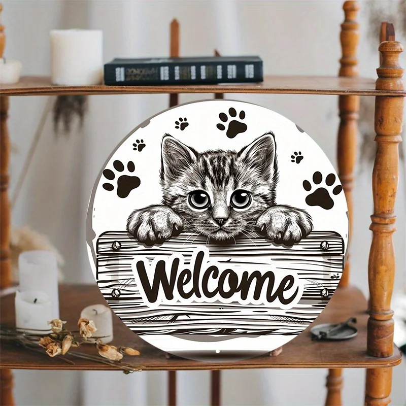 Round Aluminum Cat Welcome Sign, Metal Wall Decor, Peeking Kitten Design, Waterproof, Weather-Resistant Door Hanger, Cute