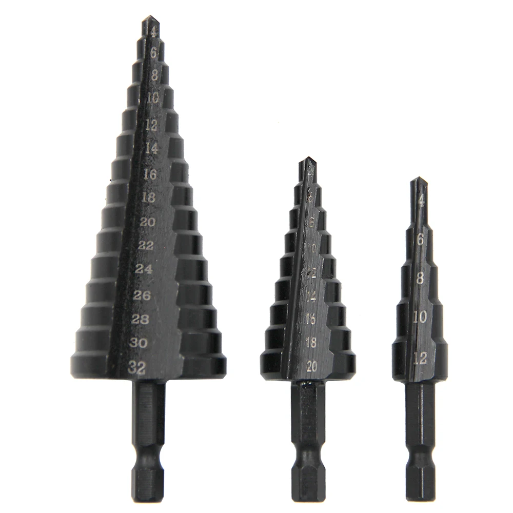 3PC Hexagonal Shank Straight Groove Black Step Drill Bit 4-12/4-20/4-32mm Reaming Step Pagoda Drill Electric Tool Drilling Set