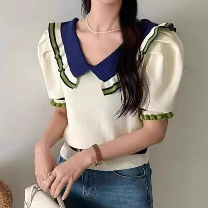 

Лето 2025 г., корейская модная одежда, пуловер с короткими рукавами и цветными блоками, женские вязаные топы, тонкие свитера с v-образным вырезом, Pull Femme