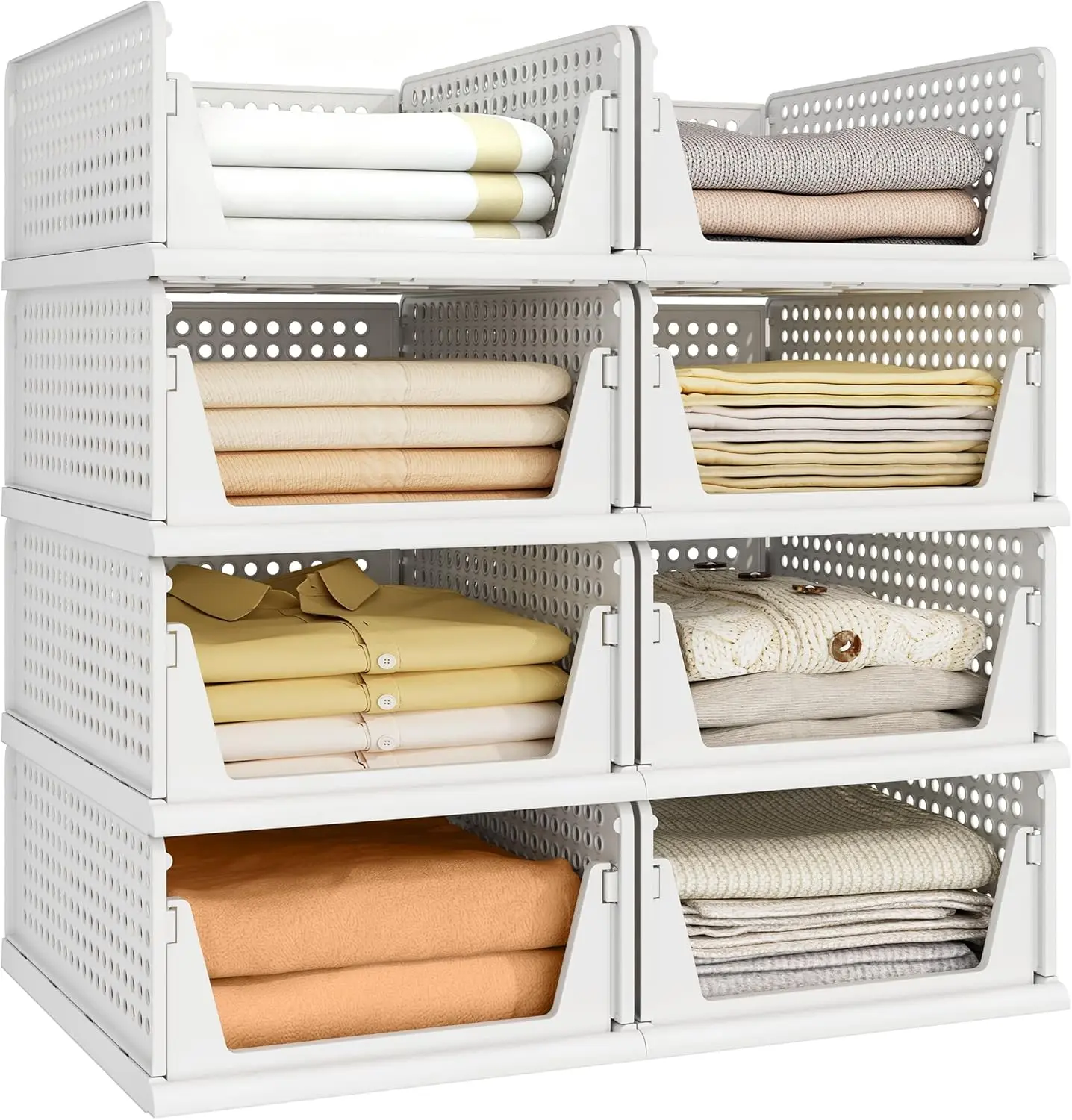 

8-Pack Stackable Plastic Storage Bins, Foldable Drawer Organizers for Wardrobe Kitchen Bathroom Dorm in White