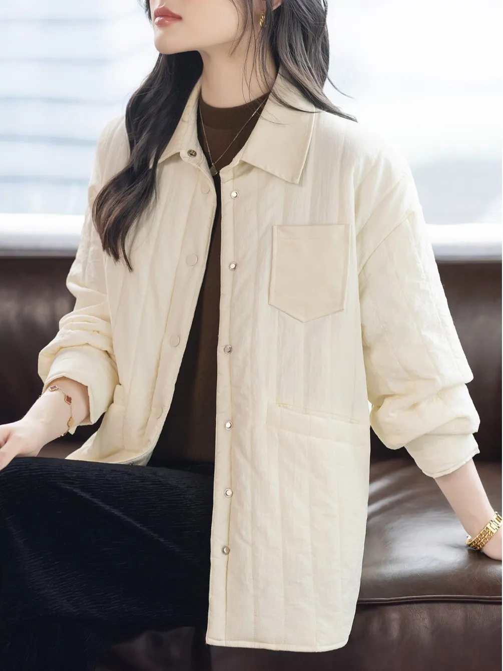 

Autumn Winter Cotton irt Jaet Loose Casual Versatile Mid-Length Lightweight Korean Sle Commute Faion Long Sve ...