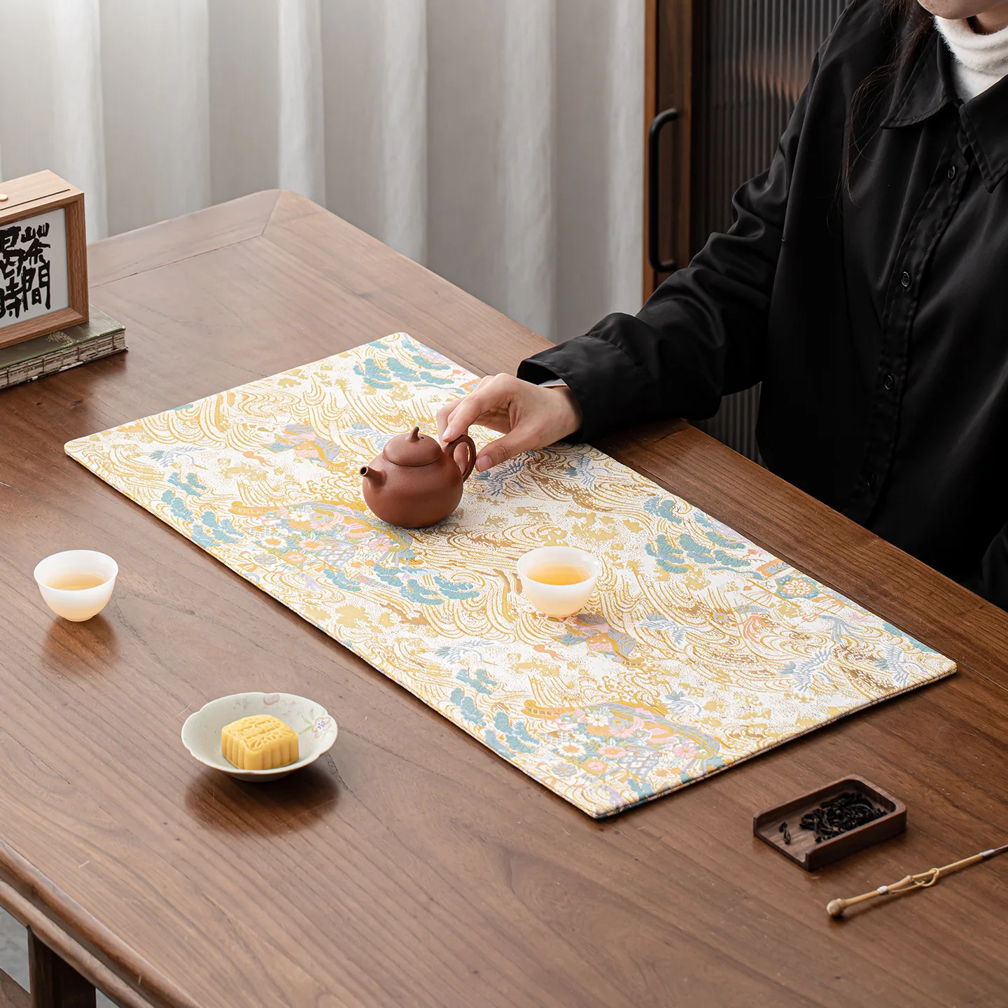 Light Luxury Double-sided Dry Tea Mat Retro Chinese style Brocade Woven Embroidery Tea Table Mat Advanced Zen Tea Ceremony Pad