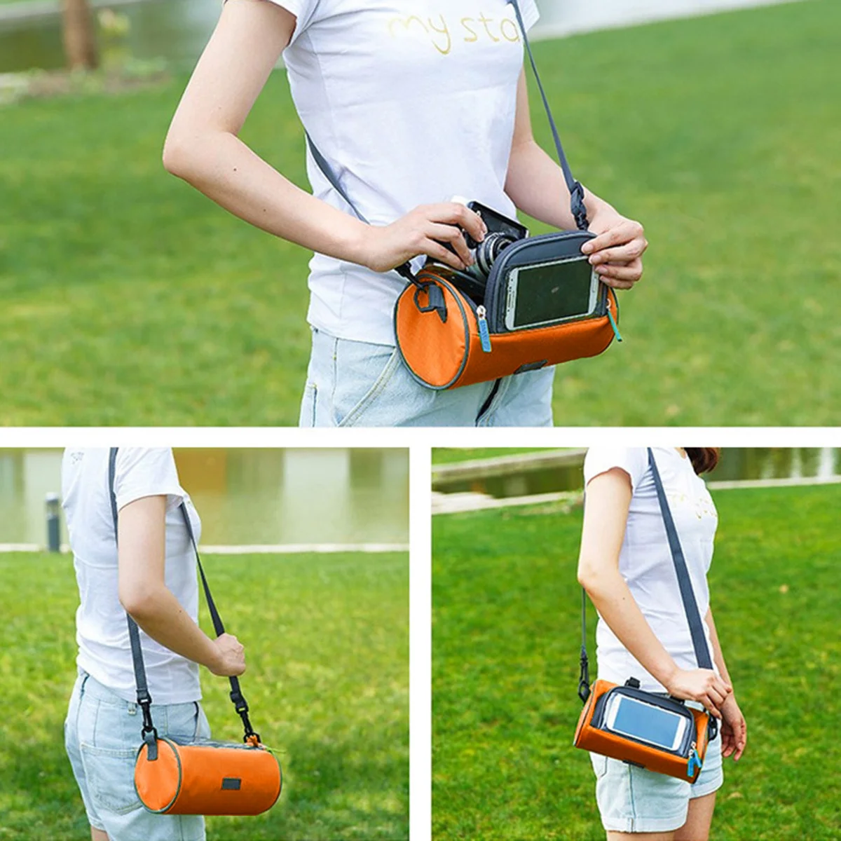 

Waterproof Bike Handlebar Bag Orange Oxford Cloth Large Capacity Transparent PVC Touchscreen Front Pack for Road Mountain Bike