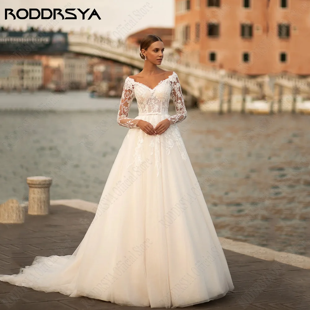 RODRSYA Clássico V-Neck Vestidos de Noiva Para Mulher Mangas Longas Lace AppRODDRSYA Clássico V-Neck Vestidos De Casamento Para Mulher Mangas Compridas Lace Applique Vestidos De Noiva A Linha Tulle Civil robe de mariée