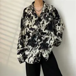 Ropa de manga larga con cuello vuelto para hombre, ropa de calle holgada con botones, fina, estampada, informal, coreana, primavera y verano, 2023