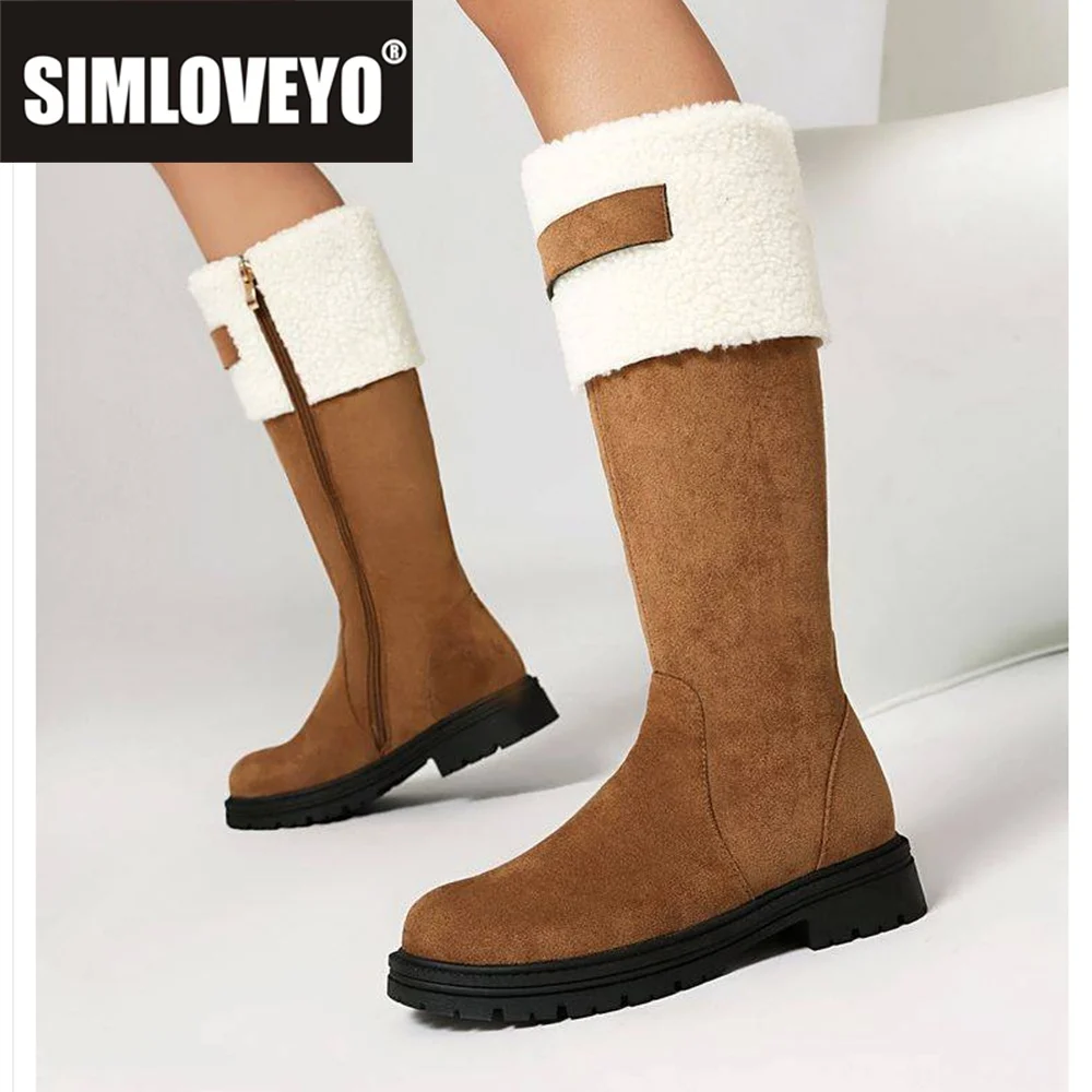 

SIMLOVEYO 2026 Women's Snow Boots Round Toe Flat Flock Suede Zipper Brown Black Fur-Lined Warm Knee-High Bota Large Sizes 46-48