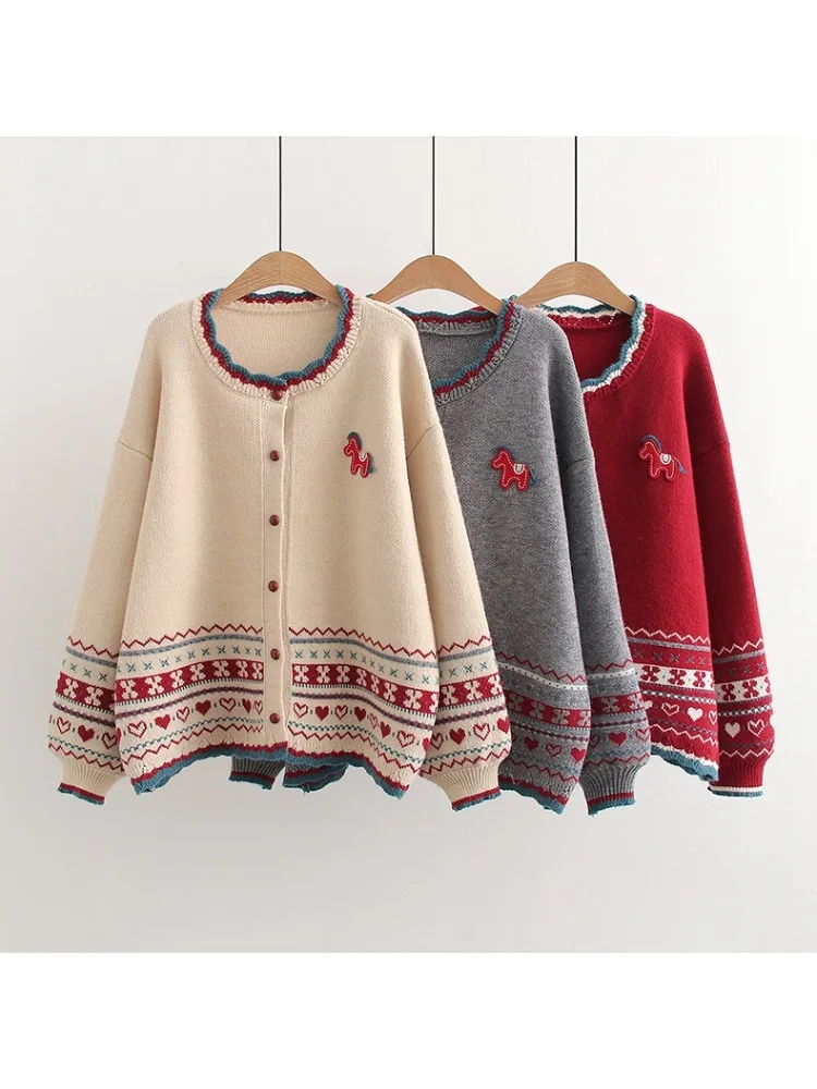 Preppy Sweet O Neck Long Sleeve Single Breasted Jacquard Appliques Contrast Color Knitted Sweaters