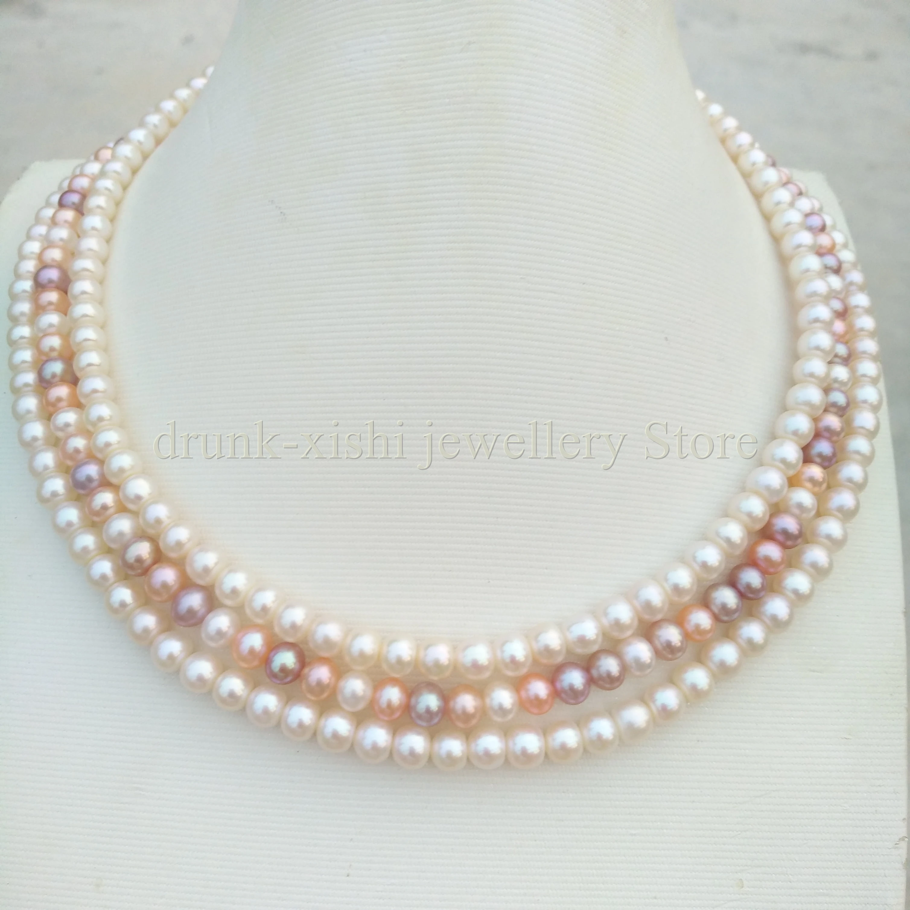 

Triple Strand Three Layers Genuine Natural 6-7mm Multicolor White Aaa++ Pearl Necklace 18'' Free Shipping At Party