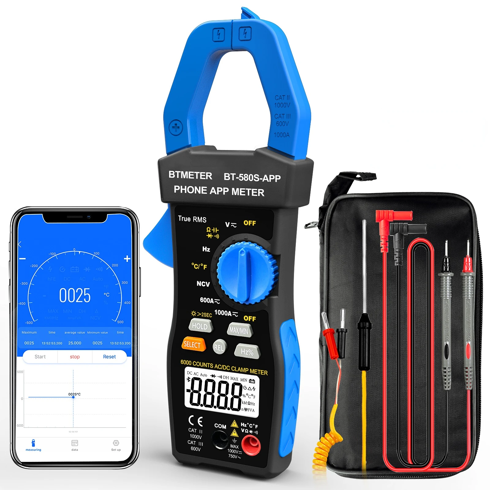 Digital Clamp Meter HP-580S APP 6000 Counts True RMS 0.5% DCV AC/DC 1000A 1000V NCV Temp 45mm Jaw for HVAC IEC-1010 CAT III 600V