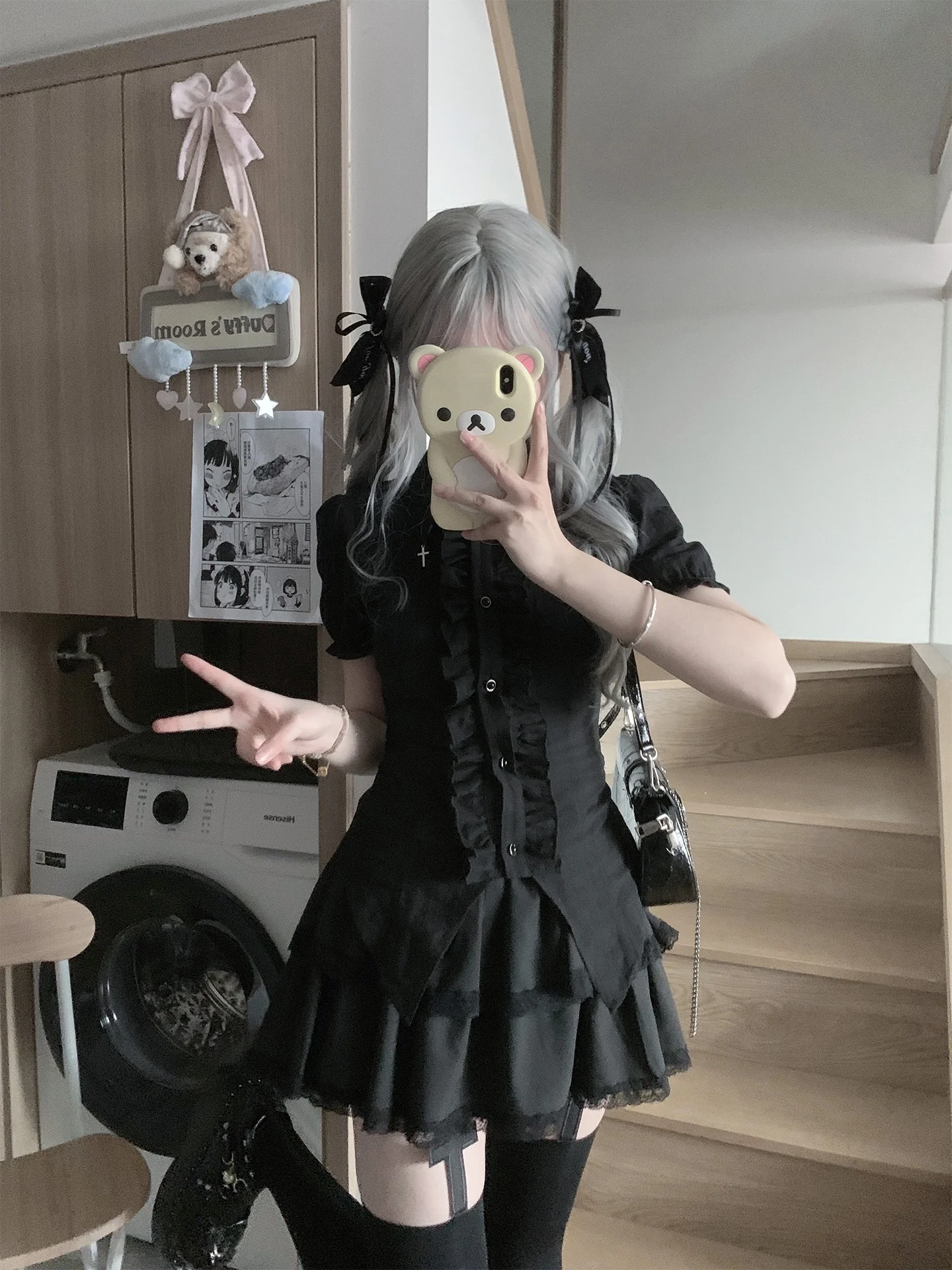

Original Design Black Lace Shirt And Short Skirt Set Tokyo Girl Style Summer Fashion Teenage Set High Waist Breathable Cotton