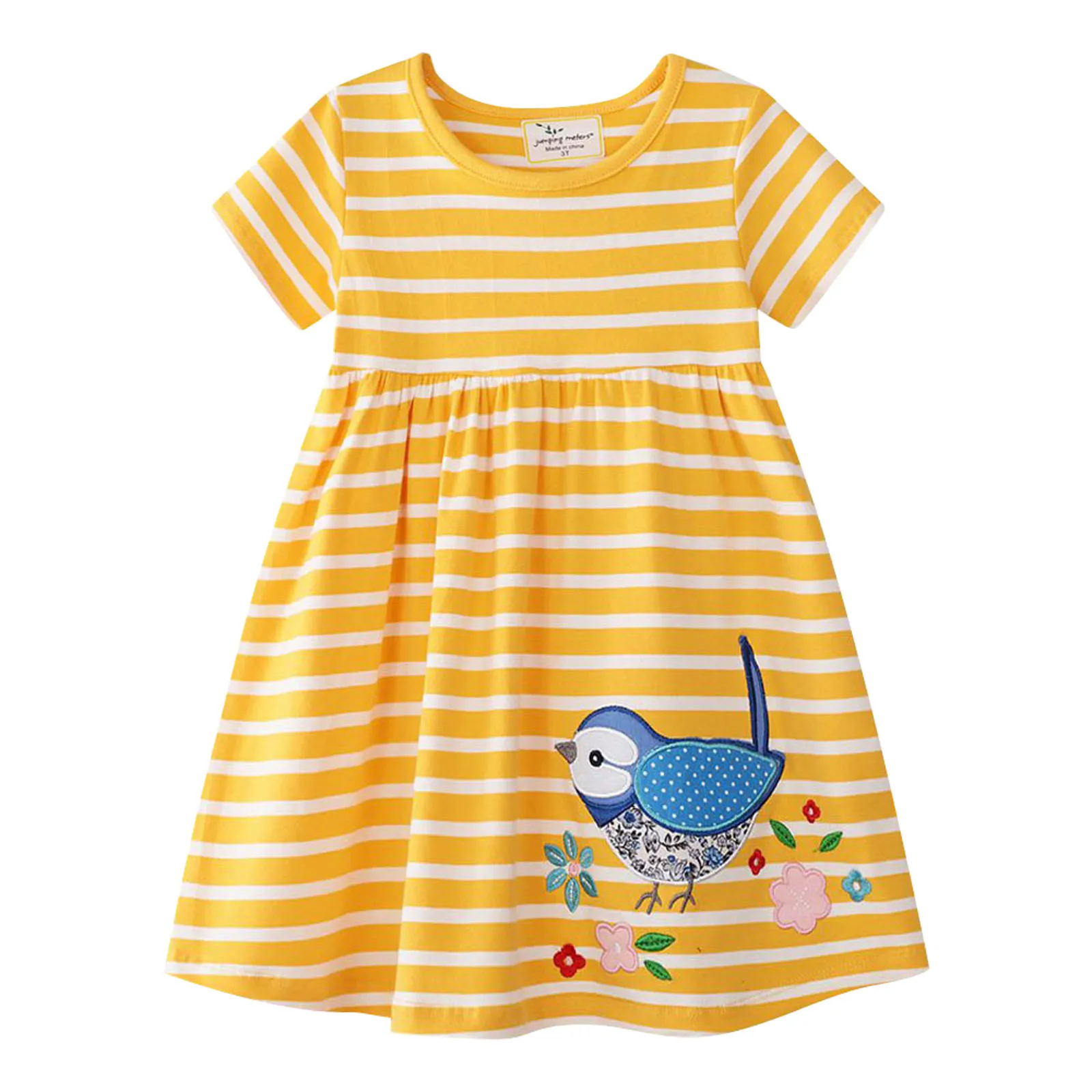 Toddler Girls Kids Children Summer Holiday Beach Mini Dress Bird Print Short Sleeve Crew Neck Loose Toddler Girl Casual Dresses