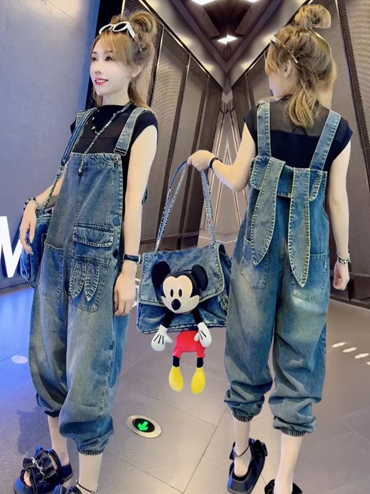 Retro Waed Denim Overalls Women's Loose Fit Spring New Sle plus Size Casual One-Piece Pants Denim Blue Long Trousers