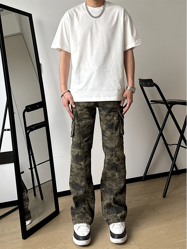 

Американские ретро-джинсы с камуфляжным принтом, мужские летние брюки в стиле High Street CleanFit, рабочие брюки, прямые свободные джинсы