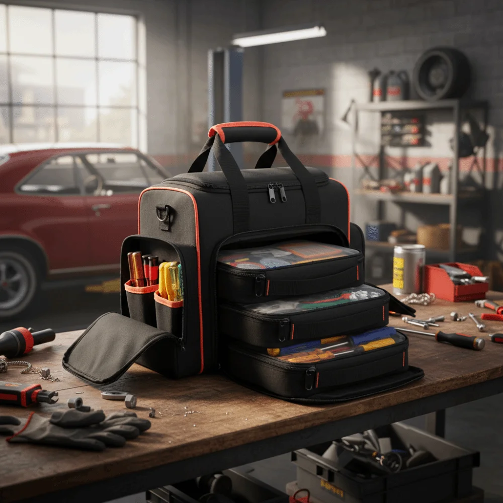 

Black Color Tool Bag 2 Layers 3 Removable Cases Removable Cases 2-Layer Design Red Binding Tool Tote Carpenter Equipment