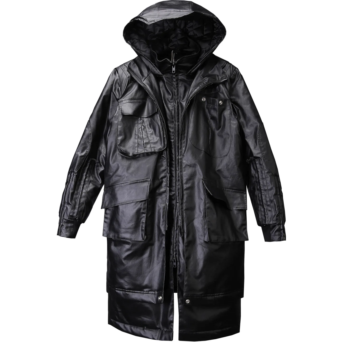 Dark Retro Trendy Hooded Fake Two Pieces Cotton-Padded Coat Waxed Patchwork Pocket Mid-Length Techwear Coat Cotton-Padded Coat