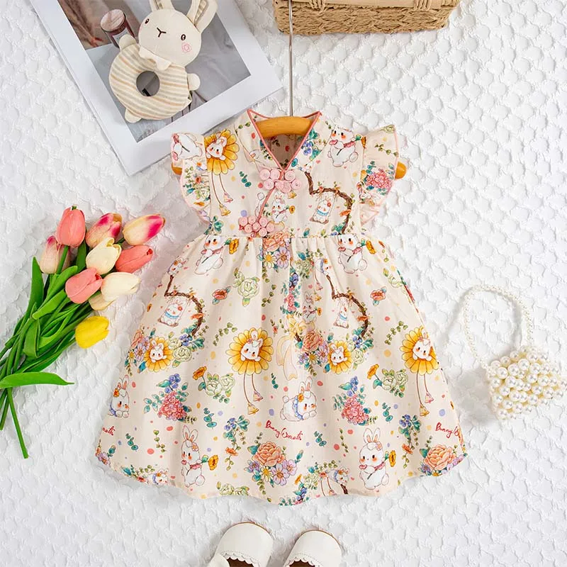Baby Girl Dress Summer Floral And Cartoon Bunny Pattern Short Sleeve Baby Dresses Cute Gentle Demure Girl Kid's Clothing
