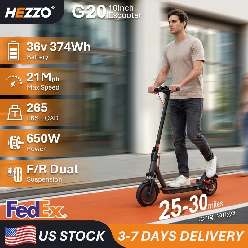 

Hezzo 650W 10Inch 21Mph Powerful Electric Scooter G20 Smart App Foldable Escooter F/R Shock Absorbers Scooter Electric