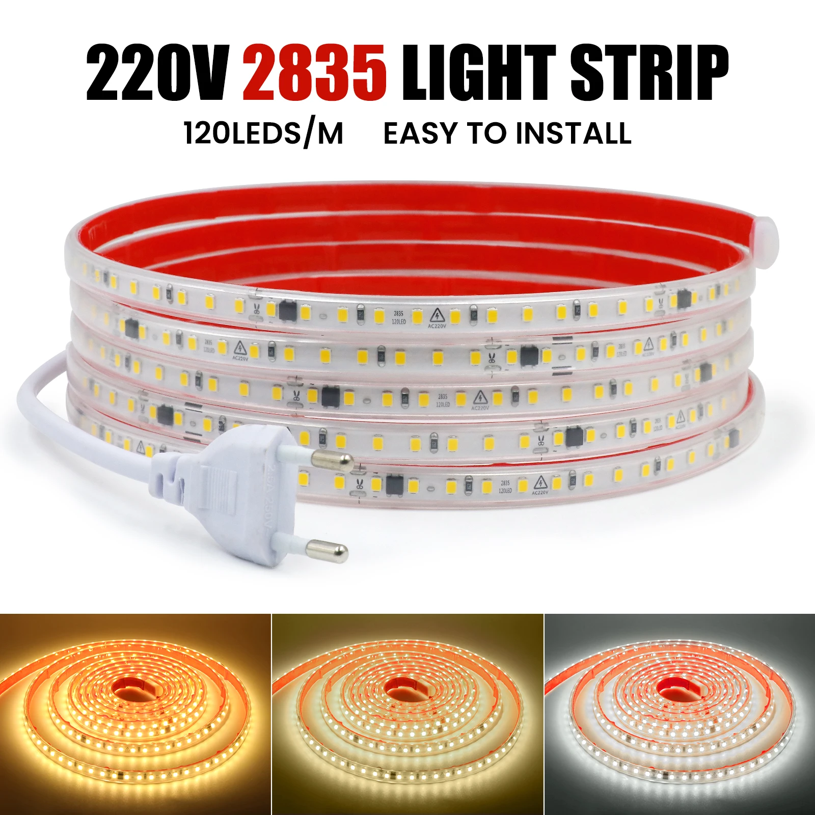 220V LED Strip Light Waterproof 10cm Cut SMD2835 120LEDs/m Self-adhesive Soft Lamp Bar Warm Natural Cool White Flexible LED Tape