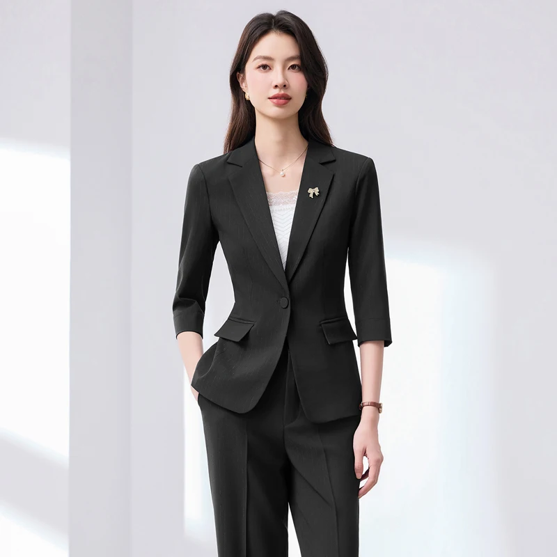 

Elegant High-End Black Women's Suit Pants Set Mid-Length Sleeves Single Button Design Summer 2026 Suitable for Lawyers
