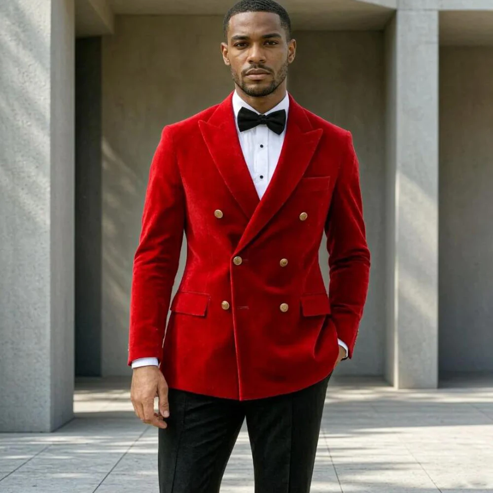 Classic Velvet Men Suits  Slim Fit Double Breasted Wedding Groom Tuxedo Gold Buttons Two Pieces Prom For Ceremony Evening Event