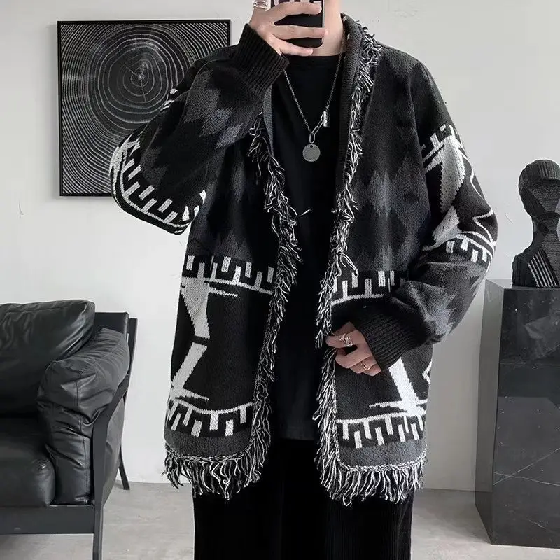 

Vintage Fashion Tassel Folk Sweaters Autumn Winter New Casual Patchwork Men's Clothing Open Stitch V-Neck Loose Knitted Cardigan