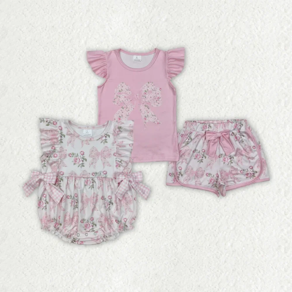 

Wholesale Baby Girl Clothes Flower Bow Pink Flying Sleeve Shorts Sweet Sets