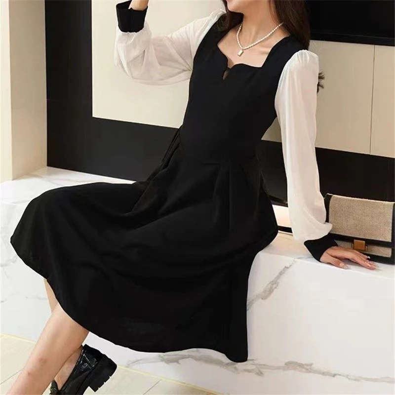 Spring Autumn Women Fashion Elegant Square Neck Party Dresses Female Patchwork Long Sleeve Pleated Midi Dress Slim Fit Vestidos