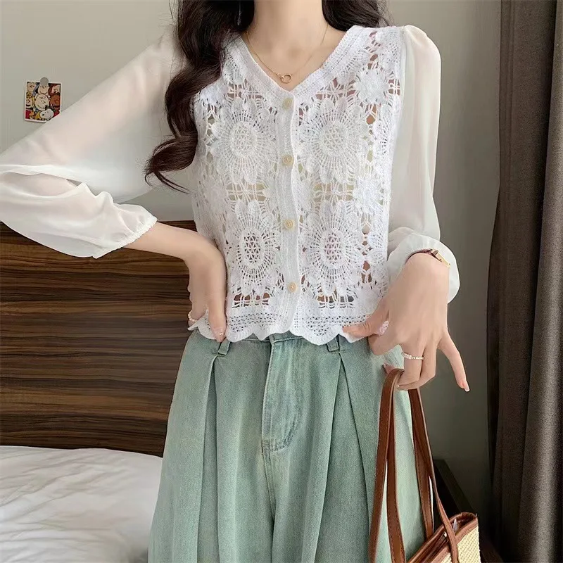 Women Tops Vintage Floral Embroidery Crochet Knit Top with Chiffon Sleeve Crop Shirts Sheer Blouses Fairycore Cottagecore Outfit