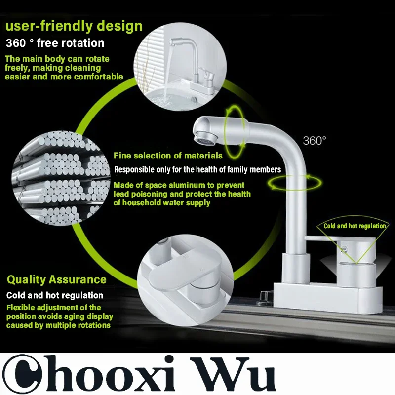 

1pc Space Aluminum Basin Tap 360 Rotating Hot And Cold Water Faucet with Double Hole Three-hole Deck Installation Splash Proof