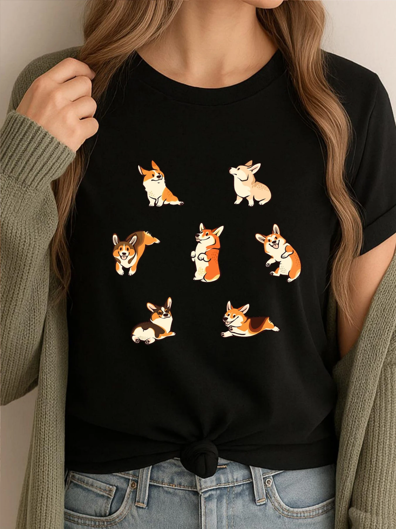 

Happy Corgis в зеленых рубашках, мужские футболки с рисунком, мужские подарки, футболка с принтом Camisetas De Hombre, футболка с забавными животными