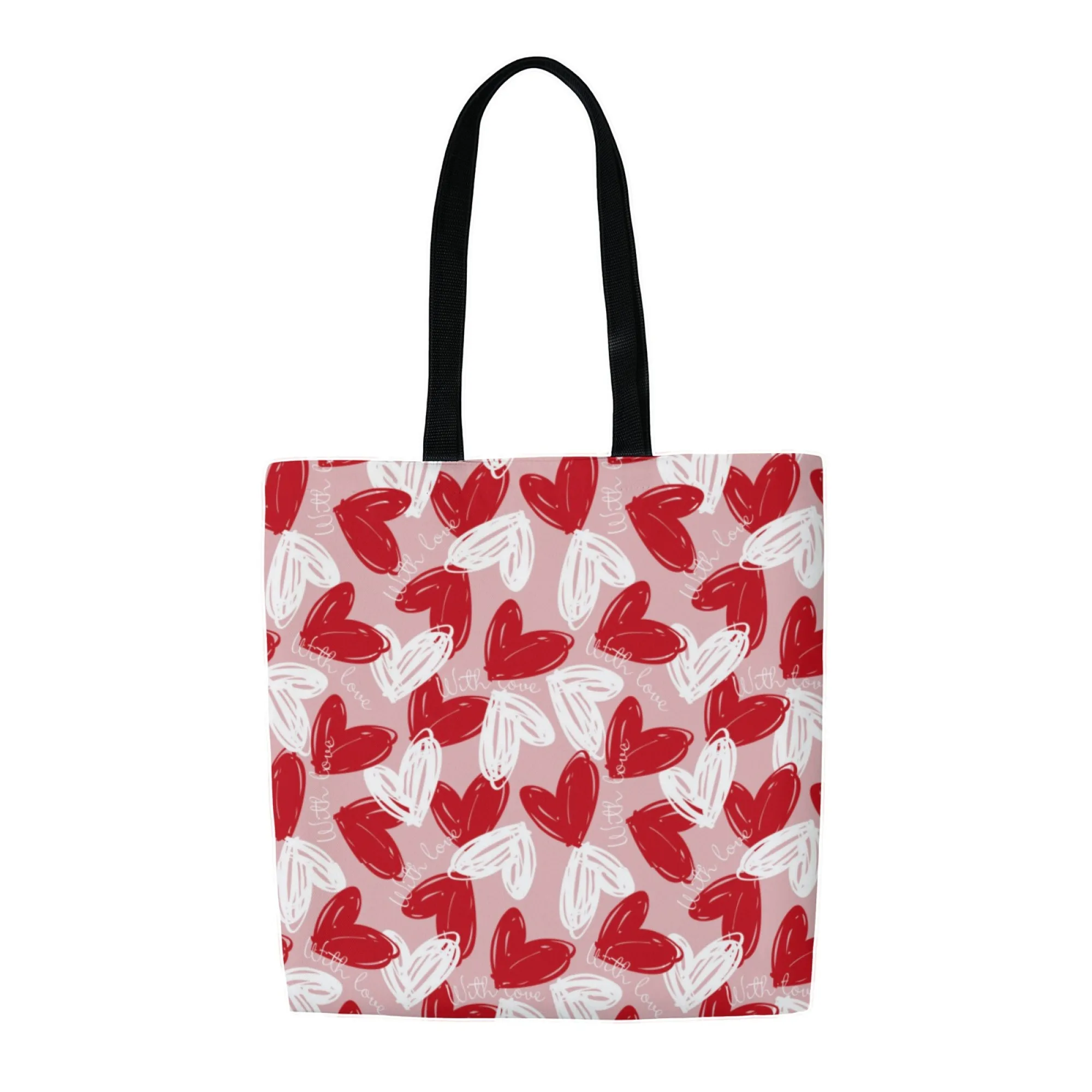 حقيبة يد قماشية رومانسية على طراز عيد الحب بتصميم قلب وردي حقيبة تسوق قابلة لإعادة الاستخدام للنساء مناسبة للتنقل اليومي