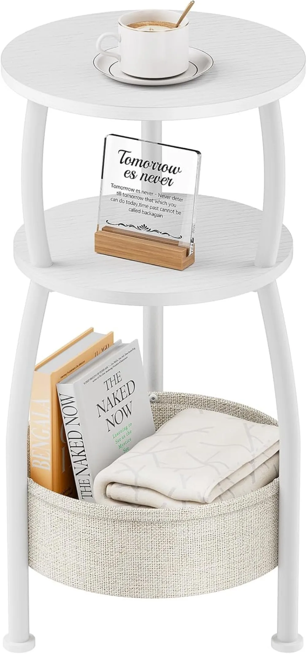 

Compact Round Side Table with Storage Basket - 3-Tier Space-Saving End Table for Living Room, Bedroom, and More in Matte White