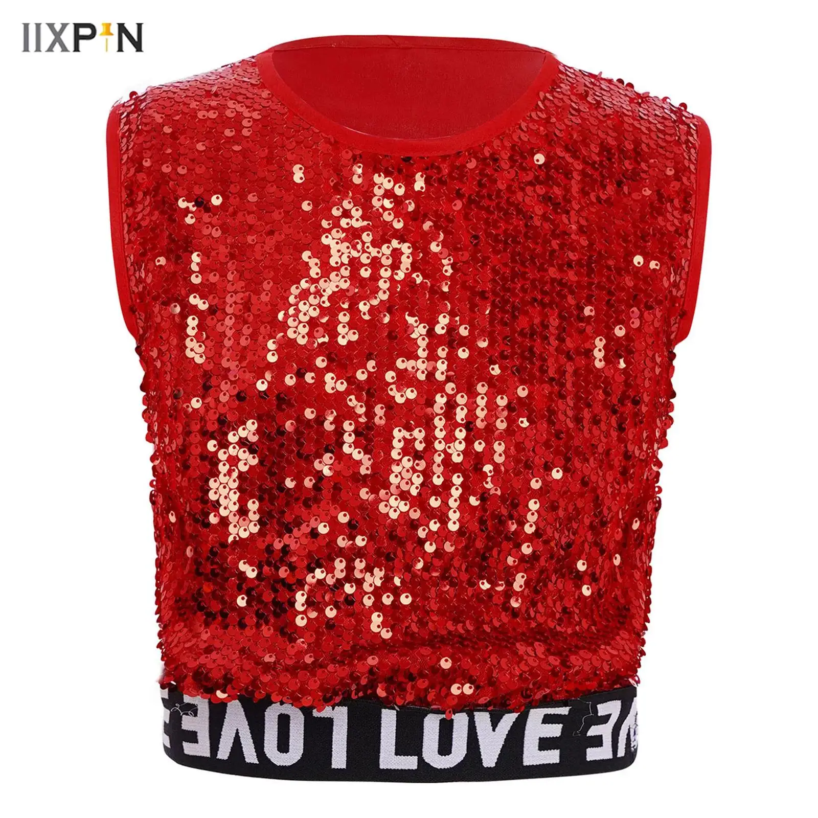 

Kids Girls Boys Hip-Hop Jazz Dance Top One Shoulder Lace-up Sleeveless Sequins Vest Letter Printed Hem Tank Crop Top Streetwear