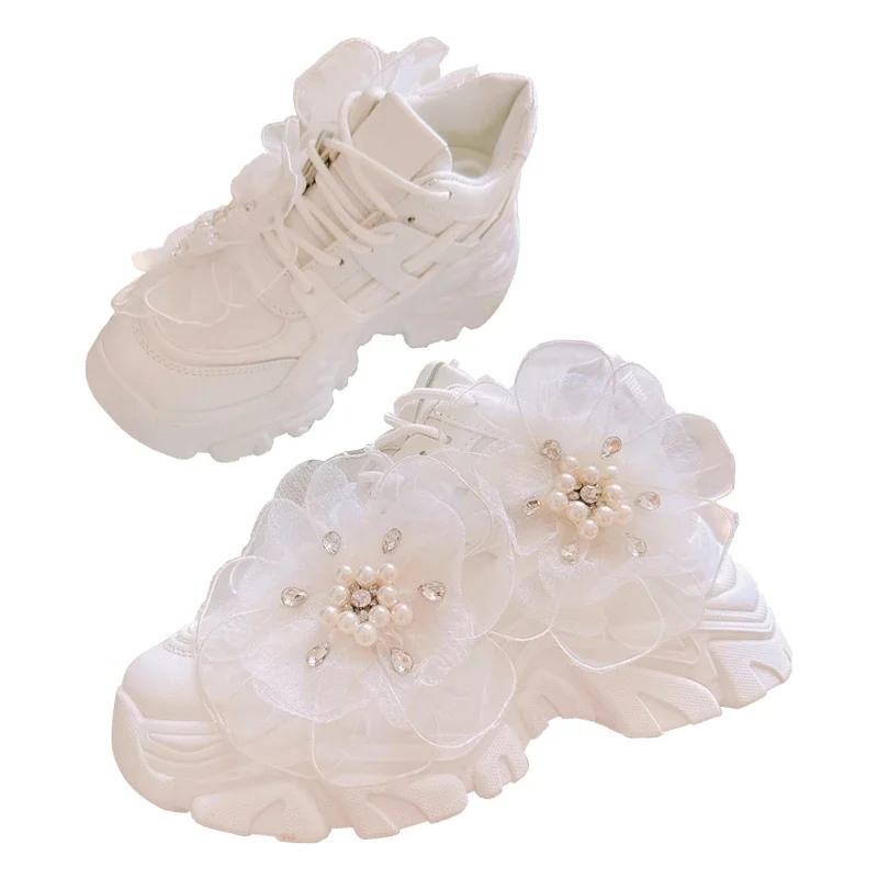 Thick Soled Clunky Sneaker Women's 2023 New Winter Flower Sports Shoes Heightening Versatile Matsutake Soft Bottom White Shoes