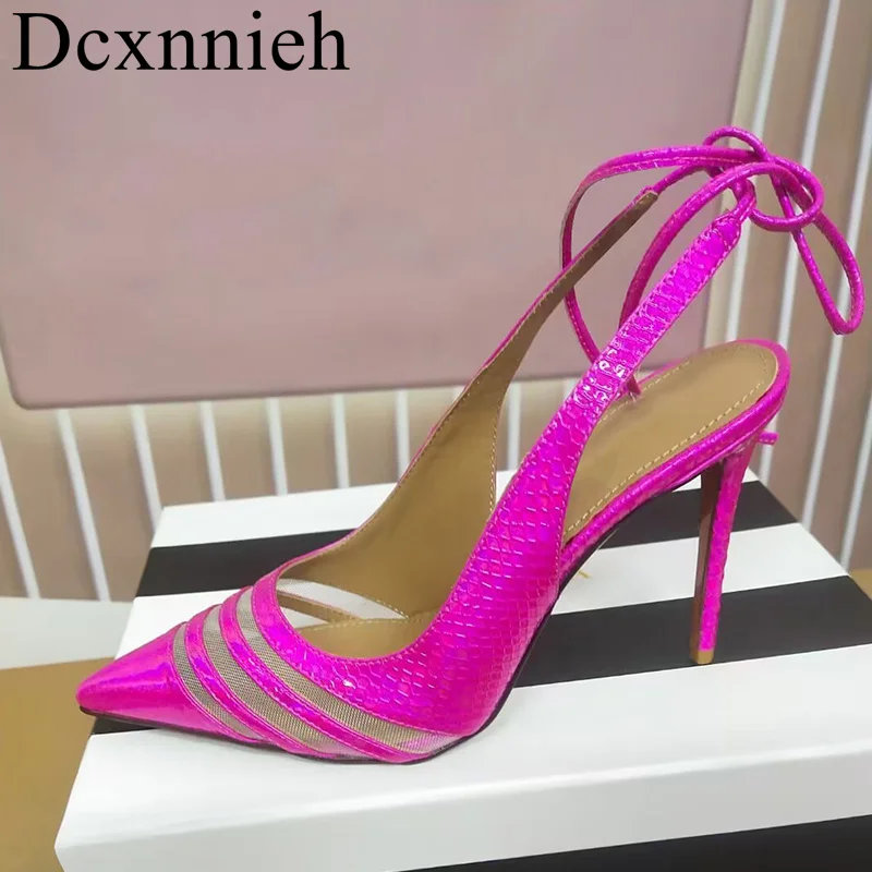 

Spring Autumn Lacquer Leather Shallow Mouth High Heels Women's Pointed Solid Color Ankle Straps Sandalias Banquet Dress Shoes